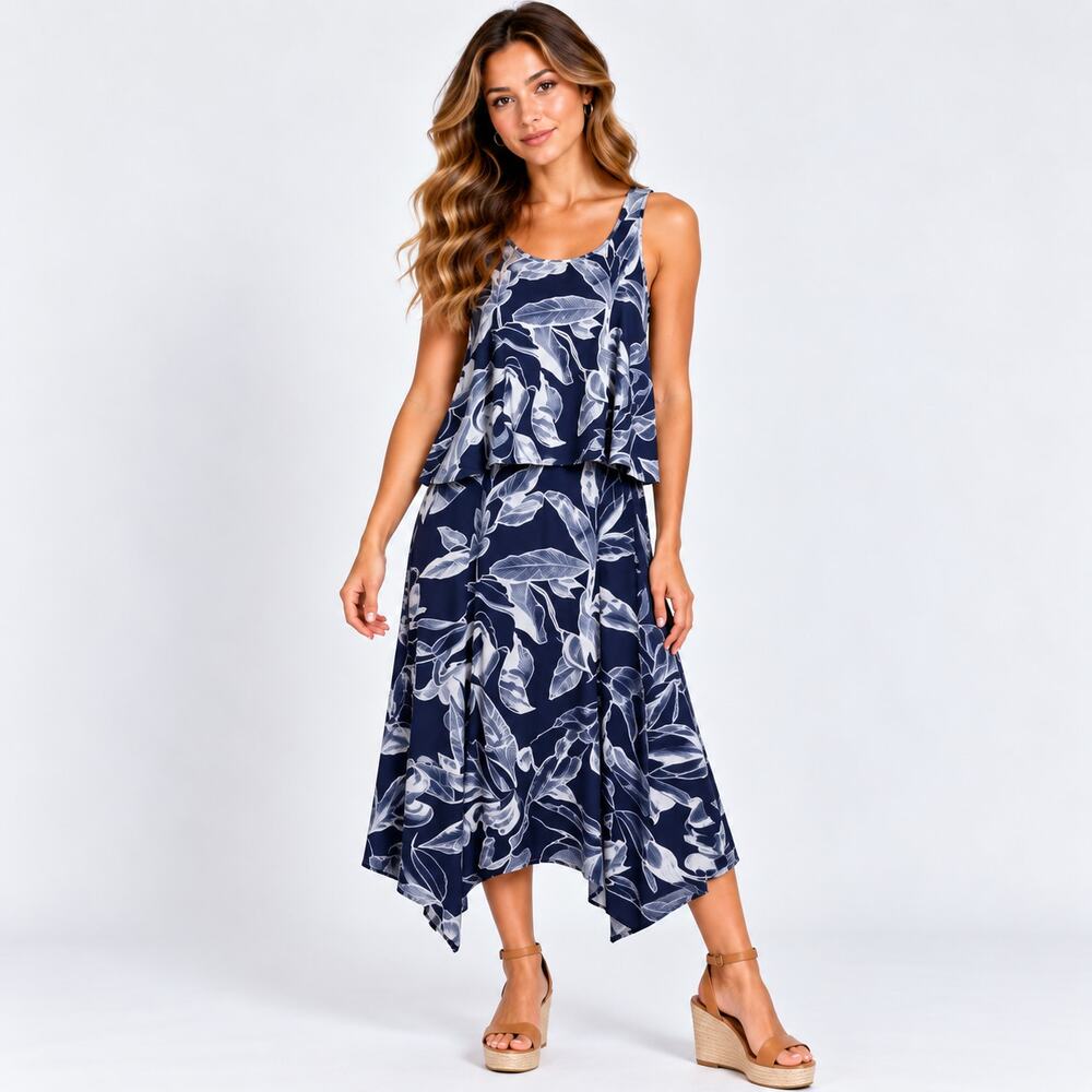 Soma Tiered Midi Sleeveless Dress Women's Size S Navy Botanical Leaves Coastal